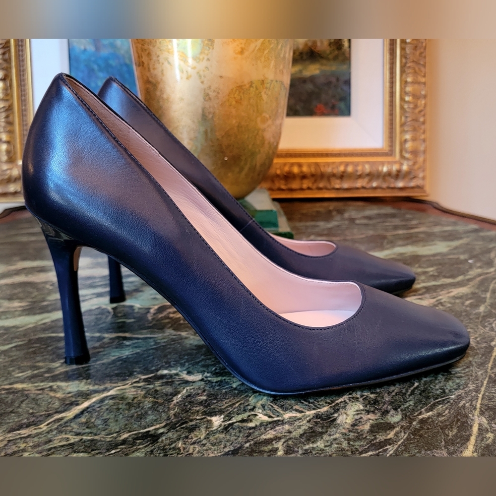 27 EDIT NAVY BLUE LEATHER HIGH HEEL SQUARE TOE STILLETO BUSINESS PUMPS 9